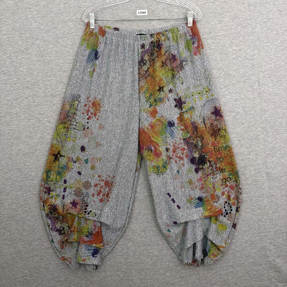 Inoah Womens Medium Gray Floral Print Balloon Leg Wide Crop Pull On Artsy Pants
